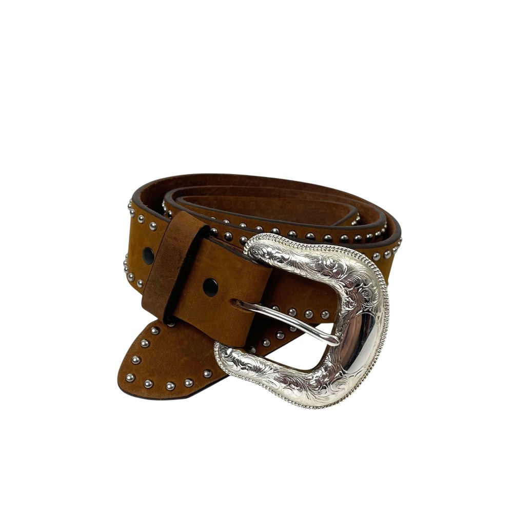 Justin leather studded western belt Size L brown silver tone floral buckle